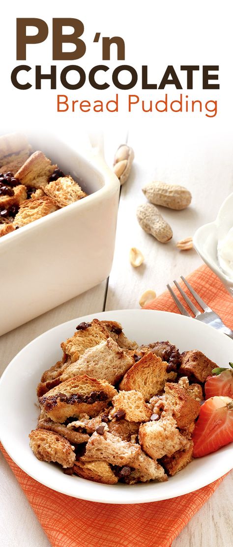 Better-for-you bread pudding is HERE! This version tastes like a peanut butter cup and is so easy to whip up. 1/4th recipe: 225 calories | 8.5g fat | 10g protein | Protein Bread Pudding, Brioche Bread Pudding, Bread Pudding Easy, Hungry Girl Recipes, Chocolate Bread Pudding, Protein Bread, Bread Pudding Recipe, Chocolate Bread, Hungry Girl