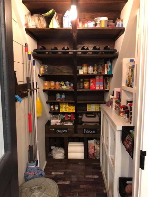 Under Basement Stair Storage Ideas, Stair Closet Pantry, Understairs Cleaning Cupboard, Under Stairs Storage Solutions Pantry, Under Stairs Cleaning Closet, Basement Stairs Design, Kitchen Under Stairs Ideas, Under Stairs Room, Pantry Under Stairs Walk In