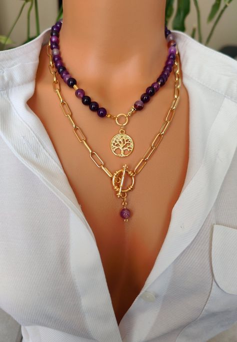 Chain Jewelry Ideas, Big Chain Necklace, Handmade Necklace Designs, Purple Stone Necklace, Gemstone Jewellery Design, White Beaded Necklaces, Green Beaded Necklace, Natural Stone Necklace, Stone Choker