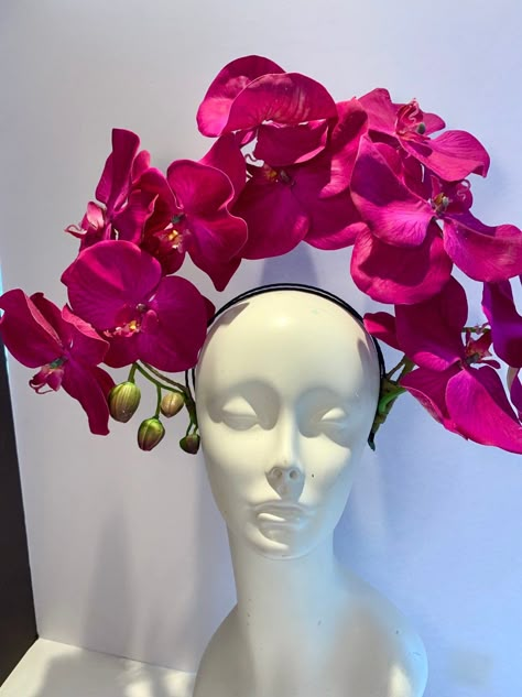 "Hot pink fascinator- Orchid headpiece -Easter- Spring headband- Wedding- Derby -Floral headpiece- Flower Hat Hi, This piece has a beautiful petal that feel so real to the touch! Each flower is 6 inches wide. The orchids look like they're climbing up a trellis. It's that is about 10 inches high and 14 inches wide. The back is finished with hand wrapped ribbon. Its all placed on the top of a 1/2\" satin covered headband that fits any head size, very comfortable and adjustable and bendable to fit Orchid In Hair, Flower Wig, Orchid Crown, Orchid Headpiece, Orchid Hair, Floral Fascinators, Spring Headband, Wig Head, Floral Headdress