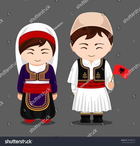 Albania Albanian Costume, Albanian Clothes, Wedding Cartoon, Paper Coloring, Albanian Flag, Albania Flag, Cartoon Sea Animals, Albanian Culture, Costumes Around The World