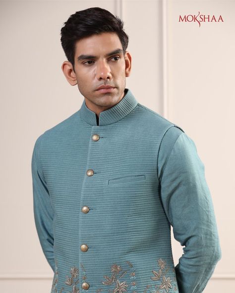 Are you ready for a new colour? If you want to jump into the pastel-colour trend wagon but still look different, choose this teal blue ensemble. The team blue kurta with matching coloured bandi amped up with thread and zardozi embroidery is the look that will make you look trendy and also different from others. At Mokshaa, clothing is both ageless and timeless. #mokshaachennai #turquoise #menstyle #sherwani #indianwedding #menswear #indiangroom Colour Trend, Blue Kurta, Zardozi Embroidery, Indian Groom, Team Blue, Sherwani, The Team, Men's Collection, Teal Blue