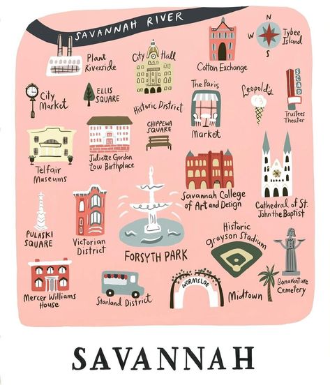 Savannah Map, Walkable Cities, Georgia Art, Riverside City, Coquette Clothes, Kids Nursery Art, Walkable City, Forsyth Park, Historic Architecture