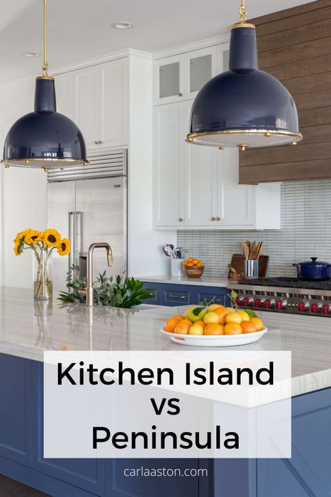 Carla Aston, Kitchen With Peninsula, Peninsula Kitchen, Lights Over Kitchen Island, Kitchen Layouts With Island, Blue Kitchen Island, Moms Kitchen, Kitchen Peninsula, Navy Paint