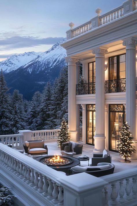 Luxurious snow-covered mansion with columns. Embark on a whirlwind tour of luxurious abodes where opulence meets whimsy, leaving you green with envy and ideas for your next home upgrade. Huge Houses Mansions Luxury, Dream Home Mansion, Estate Home Interior, Cozy Luxury House, Fancy Houses Interior, Fairytale House Interior, Luxurious Mansions Interior, Luxary Home, Castle Balcony