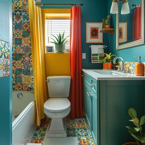 14  Eclectic Small Bathroom Renovation Ideas to Show Personality • 333  Inspiring Lifestyle Ideas Crazy Bathroom Ideas, Bright Color Bathroom, Colorful Small Bathroom, Small Bathroom Renovation Ideas, Funky Bathroom Ideas, Retro Bathroom Ideas, Bathroom Revamp, Eclectic Bathroom Design, Funky Bathroom