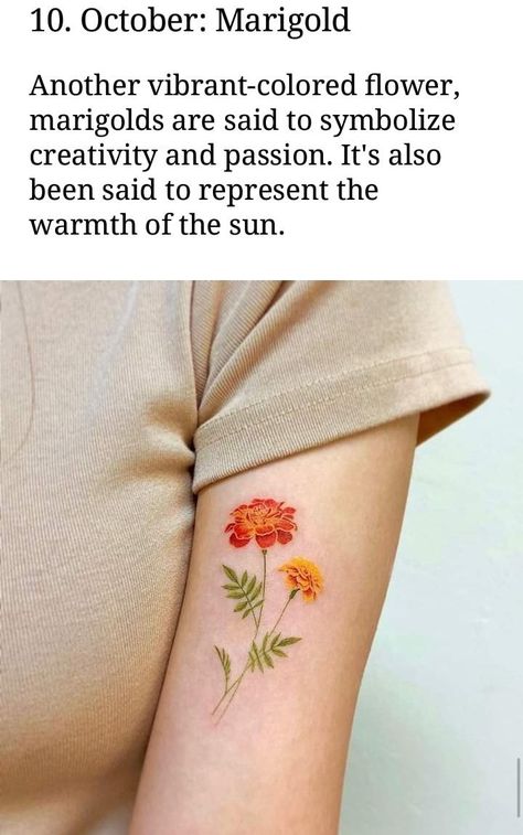 Month Flower Tattoo, Marigold Tattoo, Botanical Tattoos, Leopard Nail Designs, Snoopy Tattoo, Wife Tattoo, Plant Tattoo, Just Ink, Real Leaves