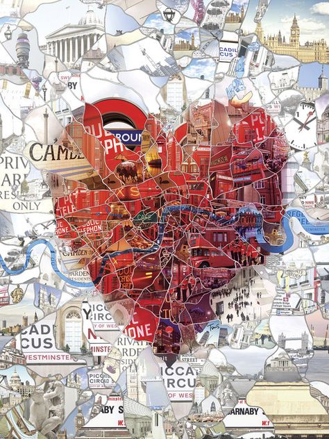 Illustration for the St.Valentine’s special issue of Evening Standard magazine. A heart formed by the actual map of London area. Art By Charis Tsevis Collage Magazine, Map Collage, 타이포그래피 포스터 디자인, Magazine Collage, Paper Collage Art, Collage Ideas, Collage Illustration, Torn Paper, London Calling