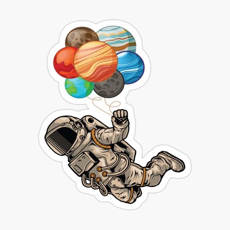 Astronaut Holding Planet Balloons - Astronaut by YueHeng Creates | Redbubble Astronaut Holding Planet Balloons, Balloons Drawing, Planet Balloons, Vintage Aesthetic Stickers Printables, Astronaut Sticker, Holding Balloons, Planet Drawing, Astronaut Design, Design Market