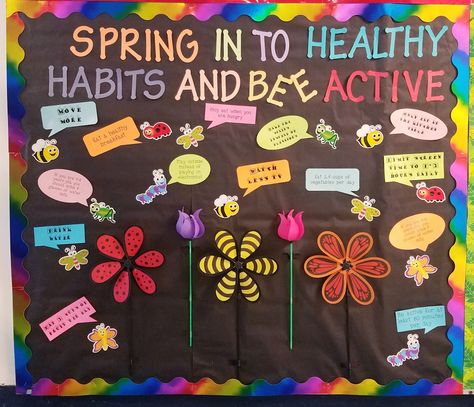 School Counselor Bulletin Boards Spring, Health Bulletin Boards High School, Spring Cafeteria Bulletin Boards, Spring School Nurse Bulletin Board Ideas, Spring Health Bulletin Boards, Spring Nurse Bulletin Boards, Doctor Office Bulletin Board Ideas, Healthy Bulletin Board Ideas, Spring Into Healthy Habits Bulletin