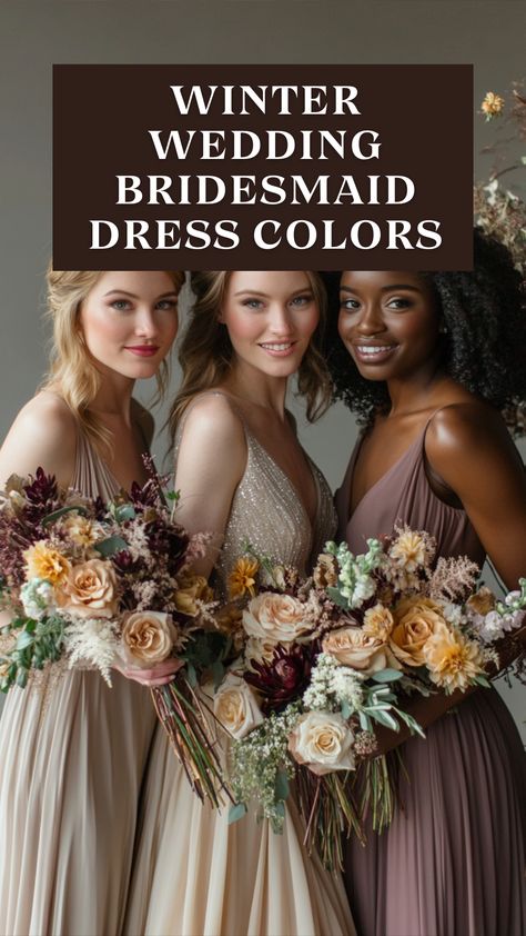 Bridesmaids in winter wedding dresses with a winter wonderland theme in elegant gold, champagne, and complementary color palettes. Bridesmaid Dress Colors Winter, Winter Champagne Bridesmaid Dresses, Winter Bridesmaids Dresses, Rustic Winter Wedding Colors, Bridesmaid Dress Color Ideas, Winter Wedding Bridesmaid Dresses, December Wedding Colors, Bridesmaid Dresses Winter, Wedding Color Schemes Winter