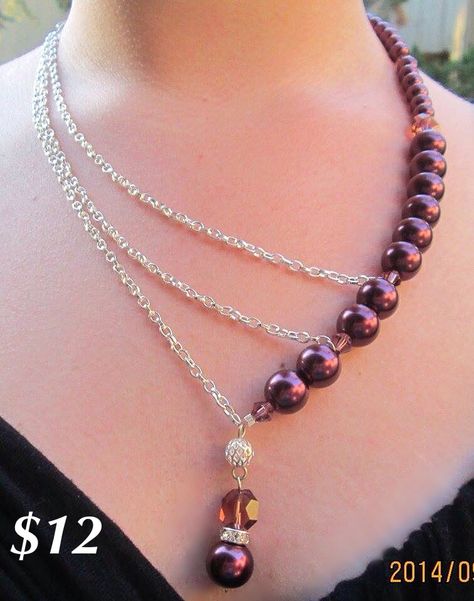 3 chain and pearl necklace. Seen here in burgundy. Can order in any color. Glass Bead Necklace Ideas, Beaded Jewelry Inspiration, Make Jewelry For Beginners, Jewelry For Beginners, Pearl And Bead Necklace, Diy Jewelry Unique, Necklace Ideas, Jewelry Accessories Ideas, Make Jewelry