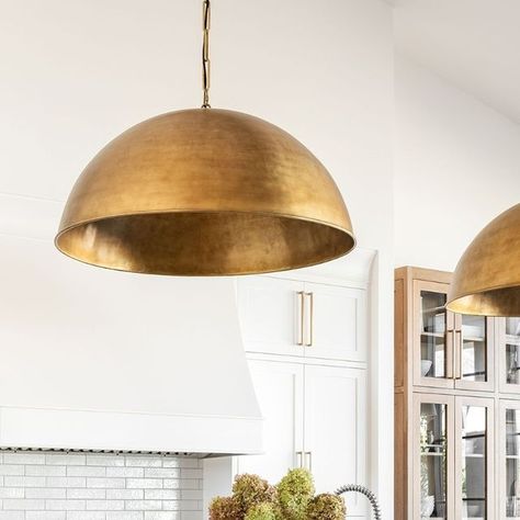 Studio McGee on Instagram: "We were able to do vaulted ceilings throughout this home which gave us the perfect opportunity to go BIG on statement pendants. 😍 #dreamhomemakeovernetflix 📷: @lucycall" Brass Dome Pendant Light, Brass Dome Pendant, Moroccan Wall Tiles, Moroccan Ceiling Light, Vintage Brass Chandelier, Moroccan Ceiling, Dome Pendant Light, Chandelier Chain, Brass Light Fixture