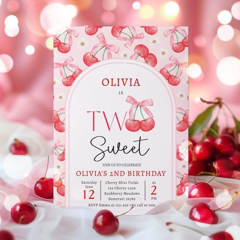 Coquette Cherry Two Sweet 2nd Birthday Party Invitation All designs are © PIXEL PERFECTION PARTY LTD Two Sweet 2nd Birthday, 2nd Birthday Theme, Coquette Cherry, Coquette Bows, Avery Labels, 2nd Birthday Party, 2nd Birthday Invitations, Two Sweet, Photo Website