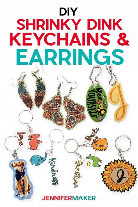 Pinterest link for colorful DIY shrinky dinks keychains and earrings from a JenniferMaker tutorial. Diy Shrink Plastic Jewelry, Shrinky Dink Art, Mothers Day Crafts Preschool, Diy Shrink Plastic, Shrinky Dink Crafts, Shrinky Dink Jewelry, Shrinky Dink Earrings, Jennifer Maker, Shrink Plastic Jewelry