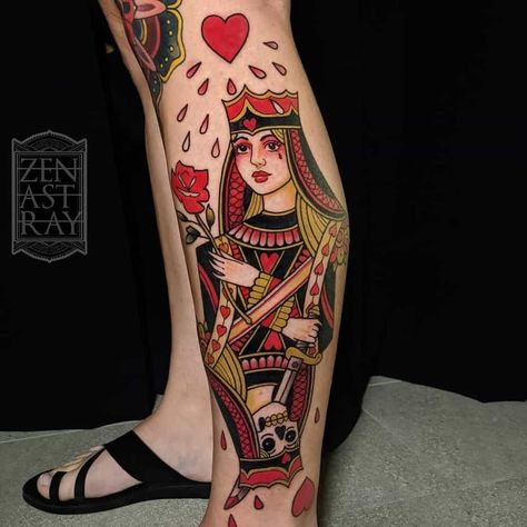 Queens Of Hearts Tattoo, Cards Tattoo Traditional, Card Tattoo Traditional, Queen Of Hearts Tattoo Design, Traditional Poker Tattoo, American Traditional Card Tattoo, Lady Liberty Tattoo, Traditional Queen Tattoo, Guillotine Tattoo