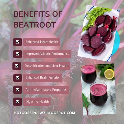 Unveiling the Power of Beetroots 10 Surprising Benefits of Beetroot Remedies Beetroots, with their vibrant hue and earthy flavor, have long been celebrated for their culinary versatility. https://hotgossipnewz.blogspot.com/2024/02/unveiling-power-of-beetroots-10.html Benefits Of Beetroot, Beetroot Benefits, Liver Health, Healthy Juices, Athletic Performance, Brain Function, Heart Health, Health Facts, Digestive Health