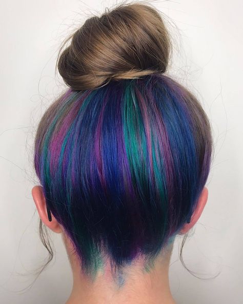 Peekaboo highlights: Backshot of a bun updo with hidden highlights in it Peekaboo Hair Color, Hidden Hair Color, Peekaboo Hair Colors, Underlights Hair, Peekaboo Highlights, Blue Ombre Hair, Hair Color Underneath, Peekaboo Hair, Hair Color Streaks