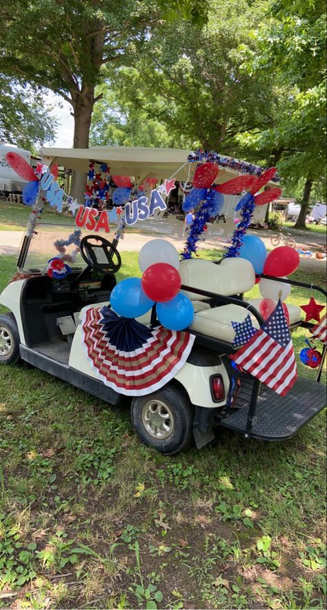 Memorial Day Golf Cart Parade, Fourth Of July Golf Cart Ideas, 4th Of July Parade Ideas, Patriotic Golf Cart Decorations, Golf Cart Decorating Ideas 4th Of July, 4th Of July Golf Cart Parade Ideas, Wagon Floats, 4th Of July Camping, Golf Cart Decorations