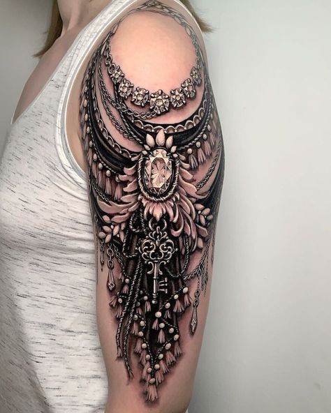 Ryan Ashley Creates Jaw-Dropping Tattoos With Ornamental Jewelry (64 Pics) Ryan Ashley Tattoo, Lace Sleeve Tattoos, Jewelry Tattoo Designs, Tato Paha, Ryan Ashley, Gem Tattoo, Create A Tattoo, Jewel Tattoo, White Tattoos