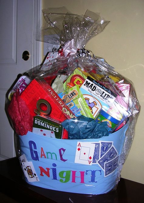 The "Game Night" Basket - 2009 Family Game Night Raffle Basket Ideas, Family Game Night Auction Basket, Game Night Box Gift, Game Night Auction Basket, Game Night Basket Ideas Silent Auction, Silent Auction Gift Basket Ideas Cheap, Charity Basket Ideas, Family Raffle Basket Ideas, Donation Gift Basket Ideas