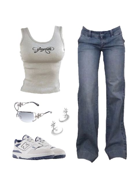 Outfit inspo cute y2k outfits womens outfits for going out. Low rise jeans, playmate tank top, y2k glasses, new balances, cute moon silver jewellery Bootcut Jeans Women Outfit, Outfit Ideas Bell Bottoms, Outfits Low Rise Jeans, Y2k Outfits Jeans, Flair Jeans Outfit Aesthetic, Low Rise Jeans Outfit 2000s Y2k, Mid Rise Flare Jeans Outfit, What To Wear With Low Rise Jeans, Aesthetic Tank Top Outfits