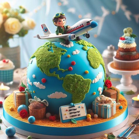 Around The World Cake Ideas, Birthday Cake Travel Theme, Cake Travel Theme, Around The World Cake, World Birthday Cake, Plane Cake, Airplane Birthday Cakes, Bicycle Cake, Soccer Birthday Cakes