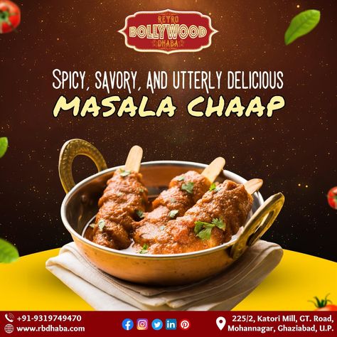 "Indulge in the bold flavors of Masala Chaap at Retro Bollywood Dhaba! 🌶️🍢" Let the succulent and marinated soya chaap pieces, cooked to perfection in a rich masala gravy, take your taste buds on a spicy adventure. #RetroBollywoodDhaba #MasalaChaap #SpicyDelights #BollywoodFlavors #FoodieLife #TasteBudAdventure #BollywoodNostalgia #FoodieMagic #FoodieCommunity #BollywoodFoodCravings #SoyaChaapLove #SpiceUpYourLife Soya Chaap, Retro Bollywood, Food Cravings, S Pic, Taste Buds, Gravy, Succulent, Quick Saves