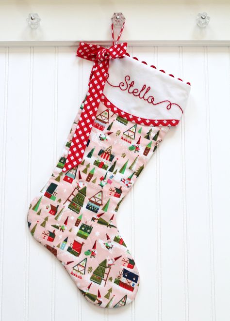 Baby Christmas Stocking, Pink Stocking, First Christmas Stocking, Sew Embroidery, Christmas Stockings Sewing, Hand Embroidered Name, Santa Elves, Stocking Ideas, Personalized Christmas Stocking