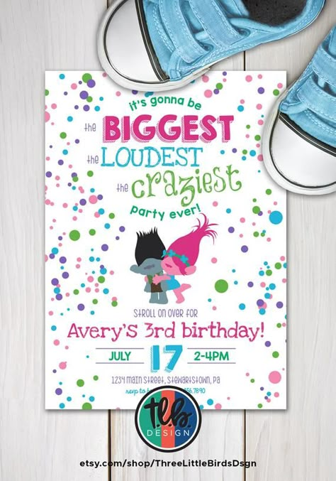 Trolls birthday invite, Trolls inspired birthday invitation, girl birthday invite the biggest the loudest the craziest party ever Trolls Birthday Party Ideas Decorations, Trolls Themed Birthday Party, Diy Trolls Birthday Party, Trolls Birthday Party Ideas, Troll Party Theme, Trolls Invitation, Trolls Party, Trolls Birthday Party, 5th Birthday Party Ideas