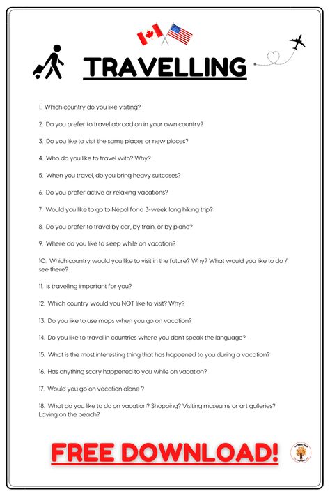 These ESL Conversation Questions all about travelling are sure to get your English students talking! -- *FREE* Printable PDF download available so you can use them right away. -- Other ESL conversation questions available too! -- #esl #learnenglish #englishteacher #teachersofthegram #englishconversation #printables #freestuff #speakenglish #englishclass #eslteacher #eflteacher #eslresources Questions About Travelling, Travel Conversation, English Questions, English Comprehension, English Everyday, S8 Wallpaper, 23rd March, Conversation Questions, Travel Questions