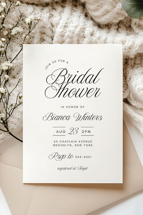 ♥ Celebrate in style with our Elegant Bridal Shower Invitation template, a beautiful blend of romance and timeless design. Featuring delicate calligraphy script and a clean, simple layout, this invitation exudes sophistication and charm, perfect for any bridal shower theme. Elegant Bridal Shower Ideas, Winter Bridal Showers, Simple Layout, Elegant Bridal Shower, Bridal Shower Invitations Templates, Rustic Bridal, Bridal Shower Rustic, Calligraphy Script, Woodland Wedding