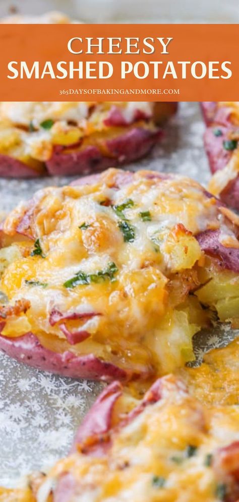 Smashed Potatoes With Cheese, Roasted Cheesy Potatoes, Red Skin Potatoes Recipe, Small Potatoes Recipe, Smashed Potatoes Baked, Baked Red Potatoes, Potatoes With Cheese, Roasted Smashed Potatoes, Potato Side Dishes Easy