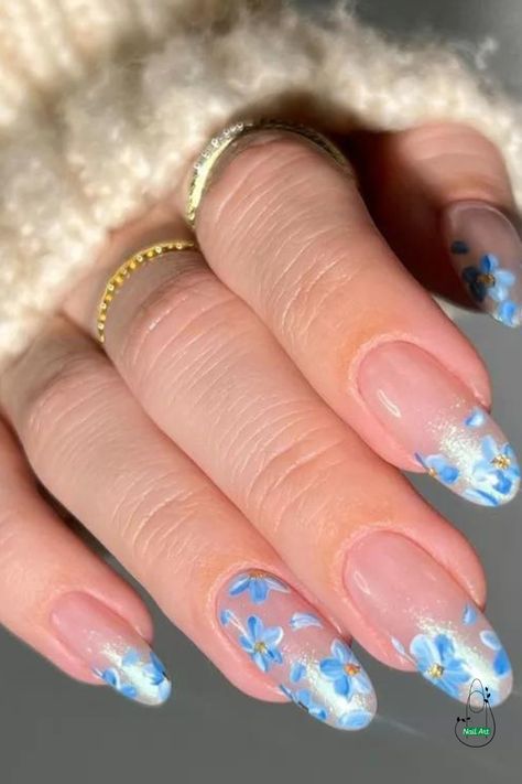 Breezy Blooms Dusty Blue Floral Nails, Beginning Of School Nails, Dusty Blue Nail Ideas, Light Blue Flower Nails, Blue Shimmer Nails, Blue Bridal Nails, Blue Flower Nail Art, Cornflower Blue Nails, Bloom Nails