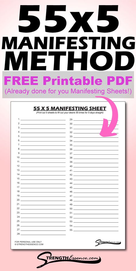 I explain what the 55x5 manifestation method is plus, get a FREE Printable 55x5 Law of Attraction Manifestation Method PDF Worksheet. No need to count out your manifestations and draw 55 of your own lines! #55x5manifestation #55x5manifesting #55x5lawofattraction #55x5method #55x5manifestationmethod 55 X 5 Manifestation, Law Of Attraction Printables, Manifest Worksheet, 55x5 Manifestation, Loa Manifesting, Manifest Board, Miracle Quotes, Manifestation Tips, Miracle Morning