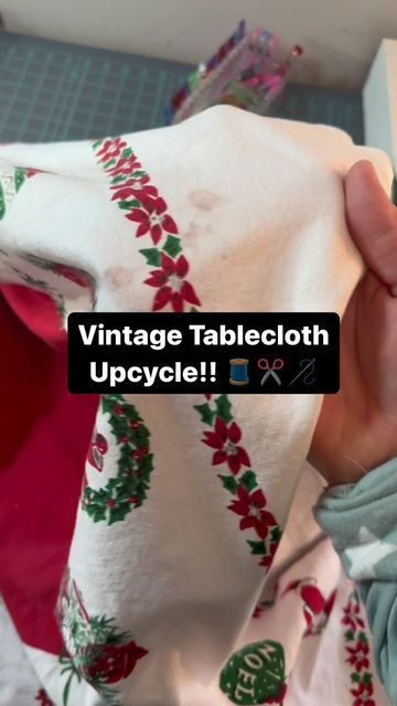 Chelsea on Instagram: "I gave this busted tablecloth new life! I plan to make these garlands for a bunch of windows in our house. Plus, its reversible! 🤗 #sewingupcycyle #vintagetablecloth #handmadebunting #sewagarland #sewingdecor #sewingproject #handmadechristmasdecor" Old Tablecloth Ideas Upcycle, Vintage Christmas Tablecloth, Upcycling Tablecloths, Upcycle Tablecloth Clothes, Tablecloth Upcycle, Christmas Tablecloth Ideas, Tablecloth Shirt, Recycle Table, Upcycle Table