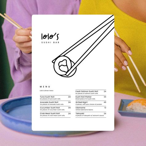 Introducing Lolo’s! 🍣 An authentic Japanese sushi bar, offering a fine dining experience. For lolo’s, I’ve created… 🩷 a logo 💜 mobile website design 🩷 dinner menu 💜 instagram feed 🩷 business cards I had so much fun designing this brief for @modernbrief ☺️ #modernbrieflolos Sushi Menu Design Ideas, Japanese Website Design, Korean Design Graphics, Fun Menu Design, Dining Illustration, Sushi Menu Design, Japanese Menu Design, Sushi Artwork, Modern Menu Design