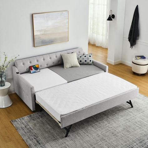 PRICES MAY VARY. 【Upholstered Twin Daybed】This mid-century - inspired daybed features a button tufted back which creates an elegant look, it suits all styles of home decoration. High quality upholstered touch with thick foam on the back and all four sides, providing ergonomic support and you will have a comfortable lying experience. 【Dual-port Charging Design】The right armrest has a built-in charging station which can be compatible with USB and type C. This thoughtful addition allows you to easi Day Bed Twin To King, Queen Sized Day Bed, Trundle Bed Office, Day Bed To Queen, Pop Up Bed, Ikea Day Beds, Twin To King Daybed, Queen Size Day Bed, Pull Out Daybed