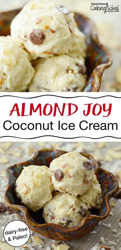 What is creamy, delicious, and frozen? If you guessed ice cream, you're right! Flavored like Almond Joy candy (but healthy), this coconut milk ice cream combines sliced almonds, chocolate chips, and shredded coconut with a vanilla ice cream base for a super easy, super yummy homemade dessert in your ice cream machine. Better yet, it's dairy-free and Paleo so you can enjoy a cold treat suitable for dietary restrictions without breaking the bank! #icecream #almondjoy #dairyfree #paleo #coconut Coconut Almond Ice Cream, Amaretto Ice Cream, Almond Joy Candy, Almonds Chocolate, Coconut Milk Ice Cream, Traditional Cooking, Coconut Ice, Homemade Dessert, Milk Ice Cream