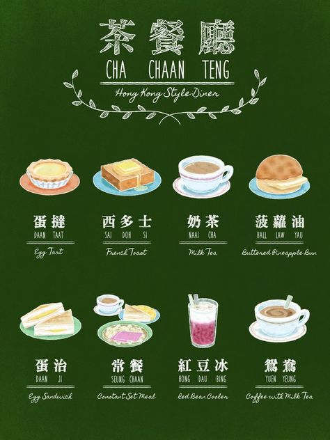 (2)"Dining out":   (1) "Going to 'Cha Chaan Teng' (Cafeteria in English). also called 'Place for a break', a cheaper place to spend your time but usually you need to go very quickly. The food they served as below: egg tart (wrapped with puff or cookie), French toast (usually deep-fried), tea, crispy bun with sliced butter, egg sandwiches, meals, Iced red bean sweet soup and 'yin yang' (tea mixed with coffee)" Cha Chaan Teng, Bahasa China, Hong Kong Art, Sweet Soup, Hong Kong Food, 귀여운 음식 그림, Diner Recipes, Egg Tart, Illustration Food