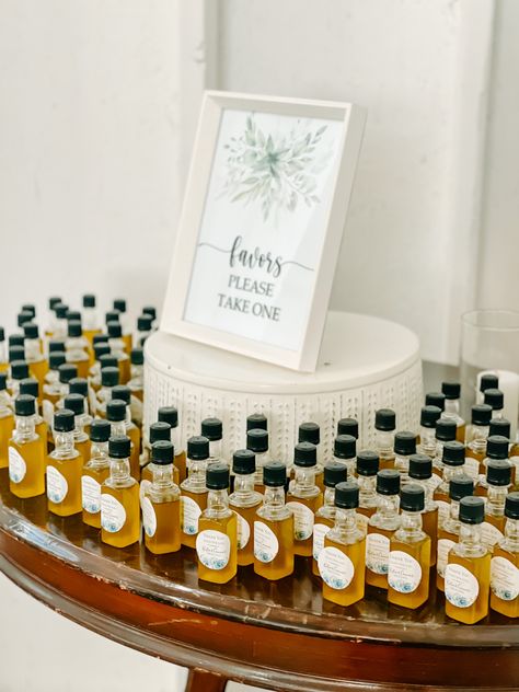 Wedding Favor Display Table, Ashford Acres Inn, Favors Table Display, Oil Wedding Favors, Olive Oil Wedding Favors, Shots Alcohol, Wedding Bottles, Kentucky Wedding, Historic Wedding