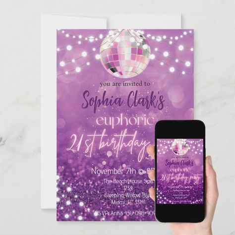 Euphoria Aesthetic Invitation, Euphoria Themed Party Invitations, Euphoria Invitation Template, Euphoria Themed Background, Euphoria Invitation Card, 21st Birthday Invitations, Purple Glitter, Sweet Sixteen, You Are Invited