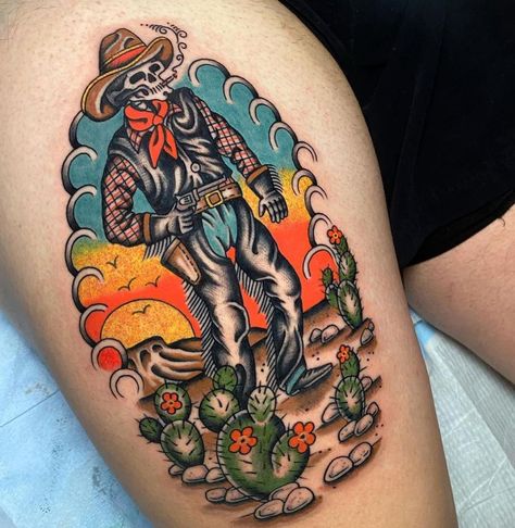 Done by @bobthetattooer 🔥 . . . . . #traditionaltattoo #boldwillhold #tattoolove #tattooinspiration #classictattoo #oldschooltattoo… | Instagram Old School Tattoo Cowboy, Mexican Western Tattoo, Western Filigree Tattoo, Traditional Soldier Tattoo, American Traditional Western Tattoo, Texas Tattoo For Men, American Traditional Cowboy Tattoo, Old Western Tattoos, American Traditional Cowboy