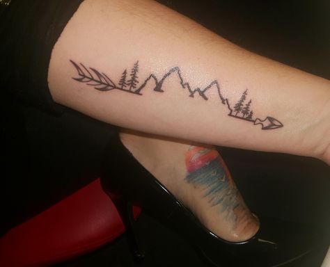 Mountain Life Tattoo, Mountain Line Work Tattoo, Mountain Arrow Tattoo, Mountain Theme Tattoo, Move Forward Tattoo, Move Mountains Tattoo, Faith Can Move Mountains Tattoo, Hiking Tattoos For Women, Outdoor Tattoos