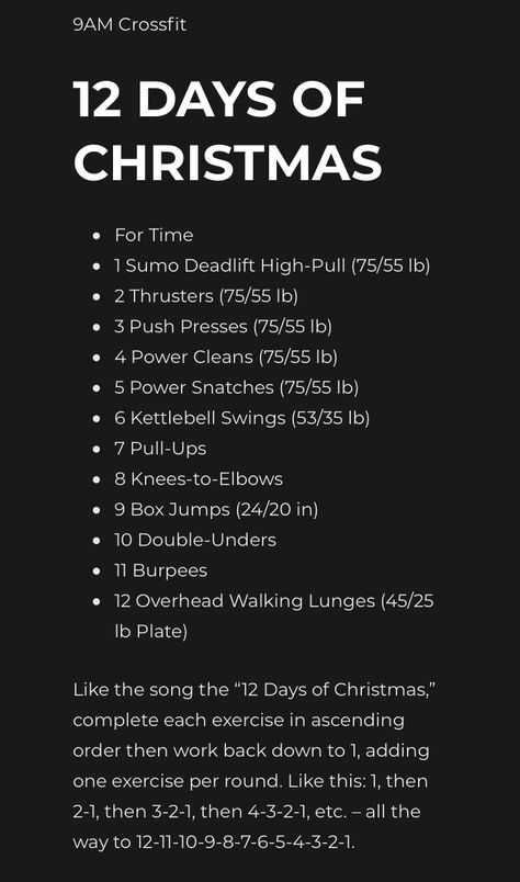 CrossFit Christmas Crossfit Workout, 12 Days Of Christmas Wod Crossfit, Christmas Wods Crossfit, Crossfit Christmas, Box Jumps, Kettlebell Swings, Power Clean, Workout Style, Crossfit Workouts