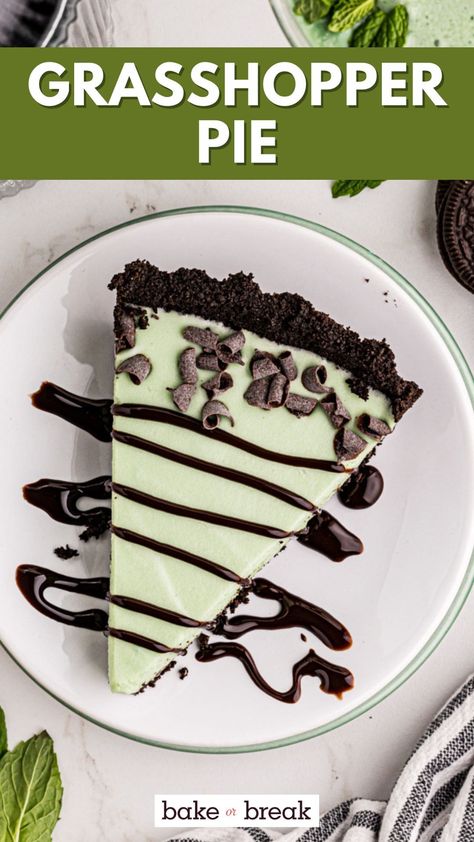 Grasshopper Pie is a dreamy combination of crunchy, chocolate cookie crust and smooth, minty filling. Minimal effort with maximum flavor! Perfect for special occasions or a refreshing treat any time. Grasshopper Recipe, Grasshopper Pie Recipe, Mint Pie, Grasshopper Cookies, Chocolate Cookie Crust, Mint And Chocolate, Grasshopper Pie, Impressive Dessert, Chocolate Chip Pie