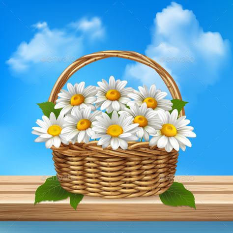 Daisy realistic colored composition wicker basket of flowers stands on a wooden bench vector illustration Spring Fields Of Flowers, Basket Of Daisies, Basket Of Flowers Drawing, Herbal Illustration, Summer Vector, Retro Spring, Basket Of Flowers, Color Composition, Carving Patterns