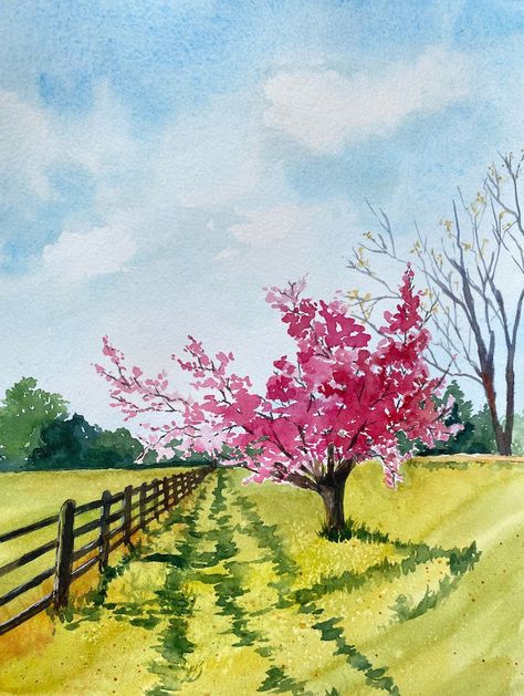 Spring Pictures Drawing, Spring Watercolour Painting, Spring Day Drawing, Spring Tree Drawing, Spring Watercolor Painting Easy, Spring Season Painting, Spring Season Drawing, Spring Tree Art, Spring Watercolor Painting