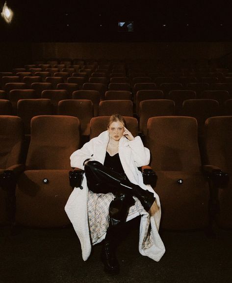 Sitting In Movie Theatre, Cinema Fashion Editorial, Movie Fashion Editorial, Movie Theatre Photoshoot, Movie Theater Photoshoot, Theater Photoshoot, Cinema Outfit, Movie Theater Aesthetic, London Photoshoot