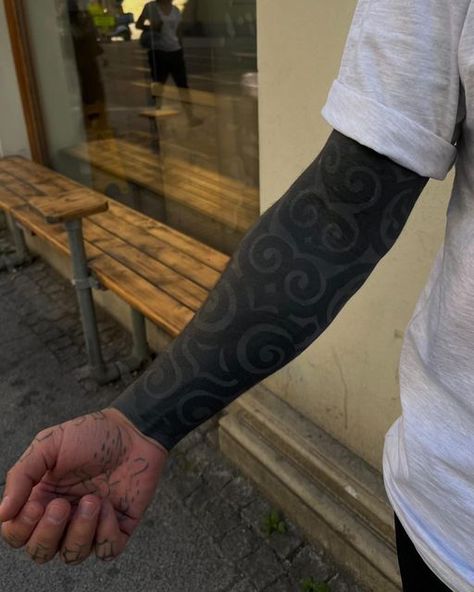 Japanese Blackout Tattoo, Blackout Tattoo Design, White Over Black Tattoo, Arm Cover Up Tattoos, Forearm Cover Up Tattoos, Inside Of Arm Tattoo, Black Sleeve Tattoo, Healed Tattoo, Solid Black Tattoo